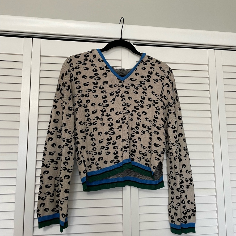 Heroes & Dreamers V-Neck Leopard Print Knit Hooded Sweater